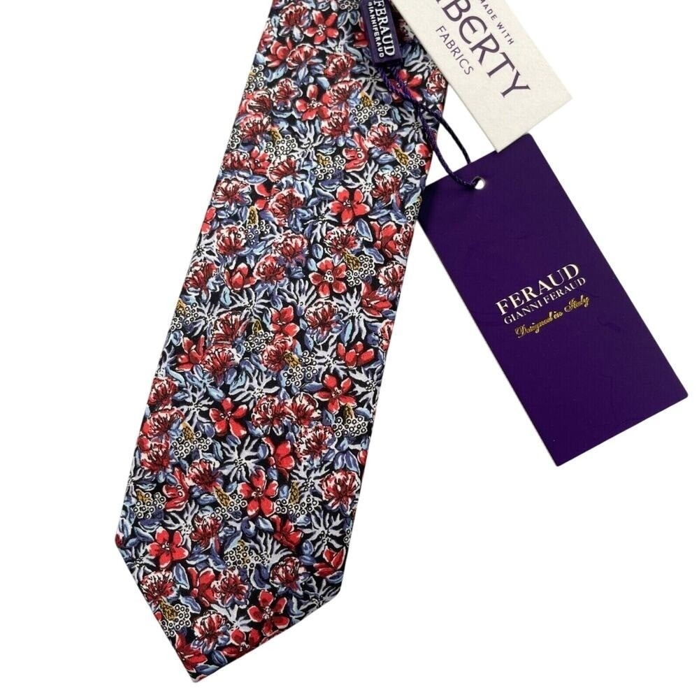 Gianni Feraud x Liberty Fabrics Men Neck Tie Blue Red Floral Print Skinny Cotton